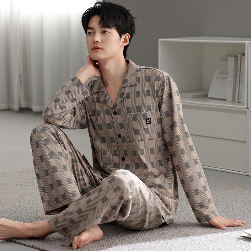 Pure Cotton Pajamas Men'S Loungewear Spring Suit Cardigan Long-Sleeved Plaid Can Be Worn Outside Spring And Autumn Styles