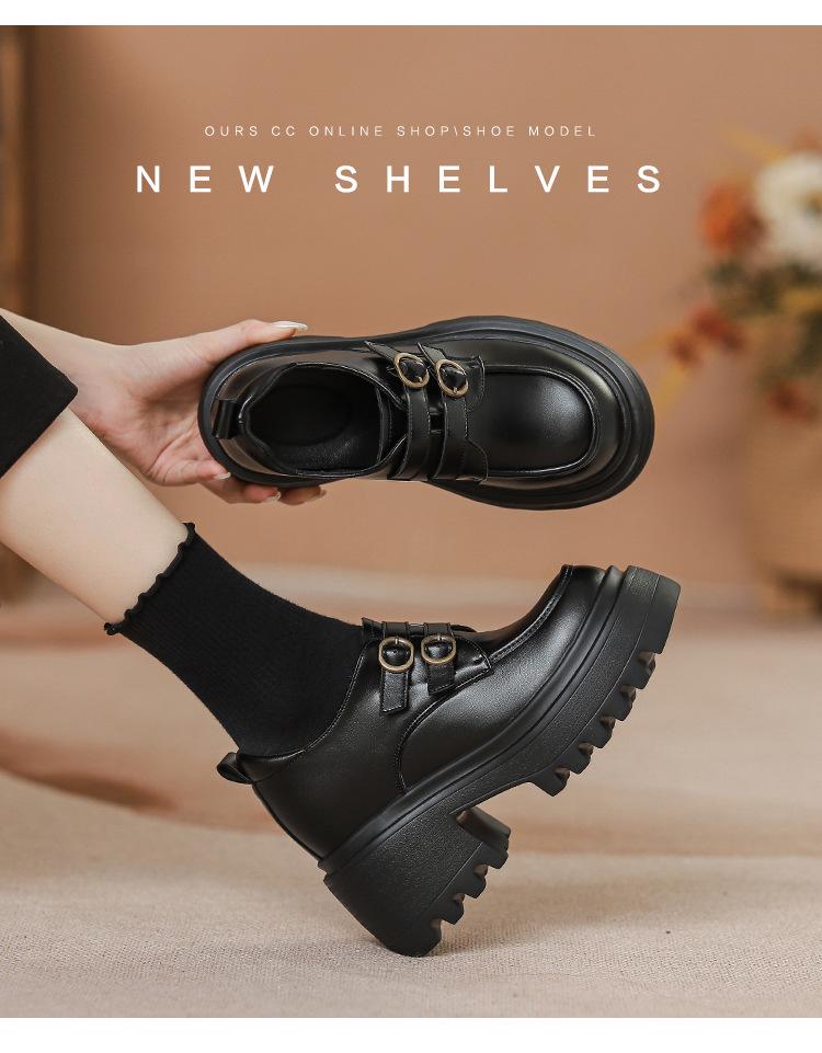 Dámské drobné černé platformové mokasíny - Kolekce jaro/podzim 2025: Všestranné kožené boty JK se silnou podrážkou zvyšující výšku