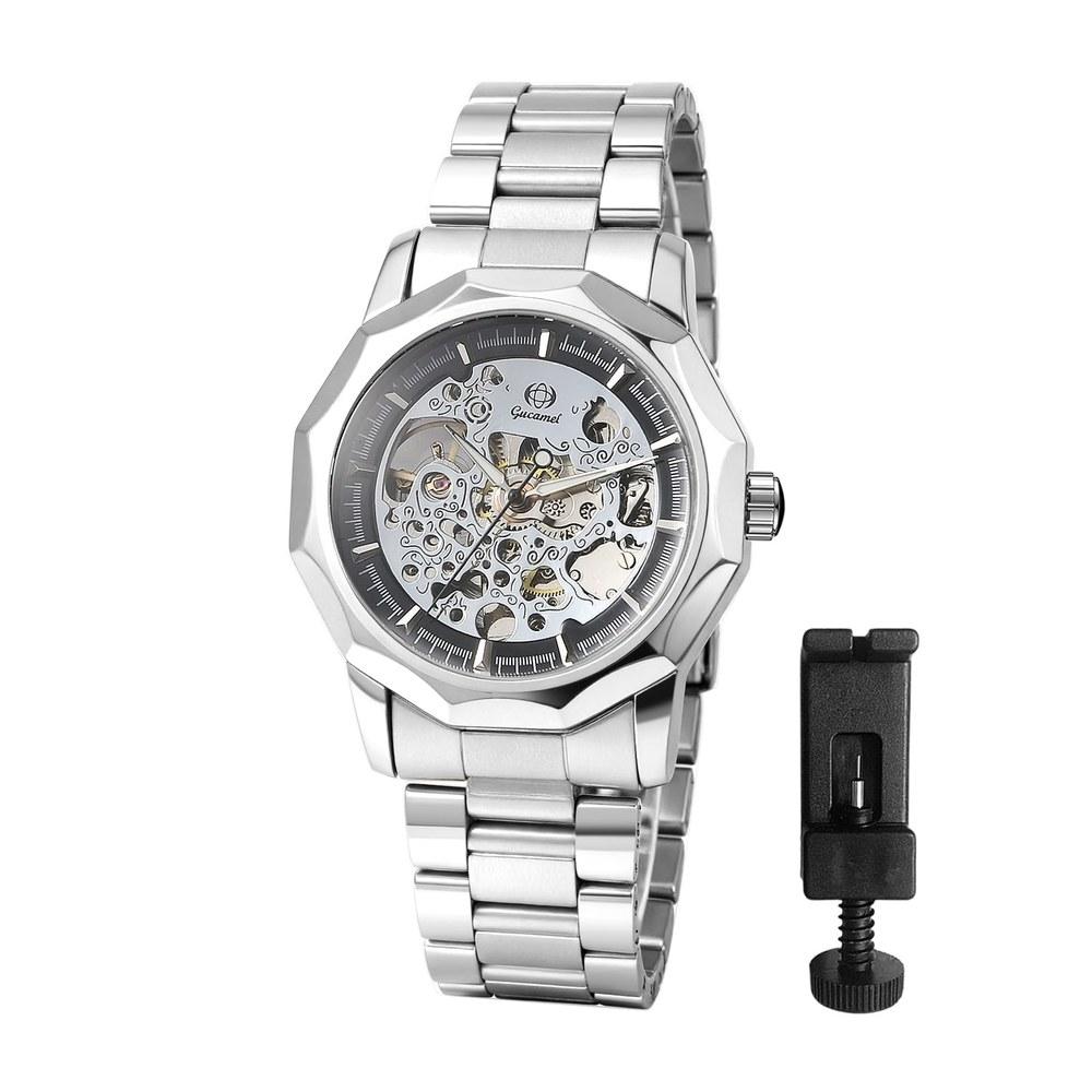 Oidea Men's Octagonal Automatic Mechanical Watch Silver Business Classic Simple Gear Style Luminous Stainless Steel Durable Gift