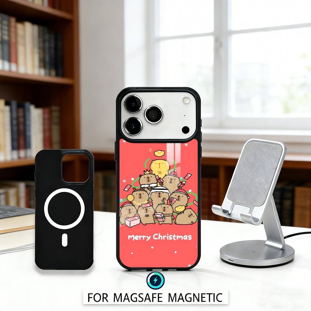 H-Happy C-Cute Capybara Cartoon Phone Case Magnetic For iPhone17 16 15 14 13 12 Pro Max For Magsafe Wireless Charging Cover