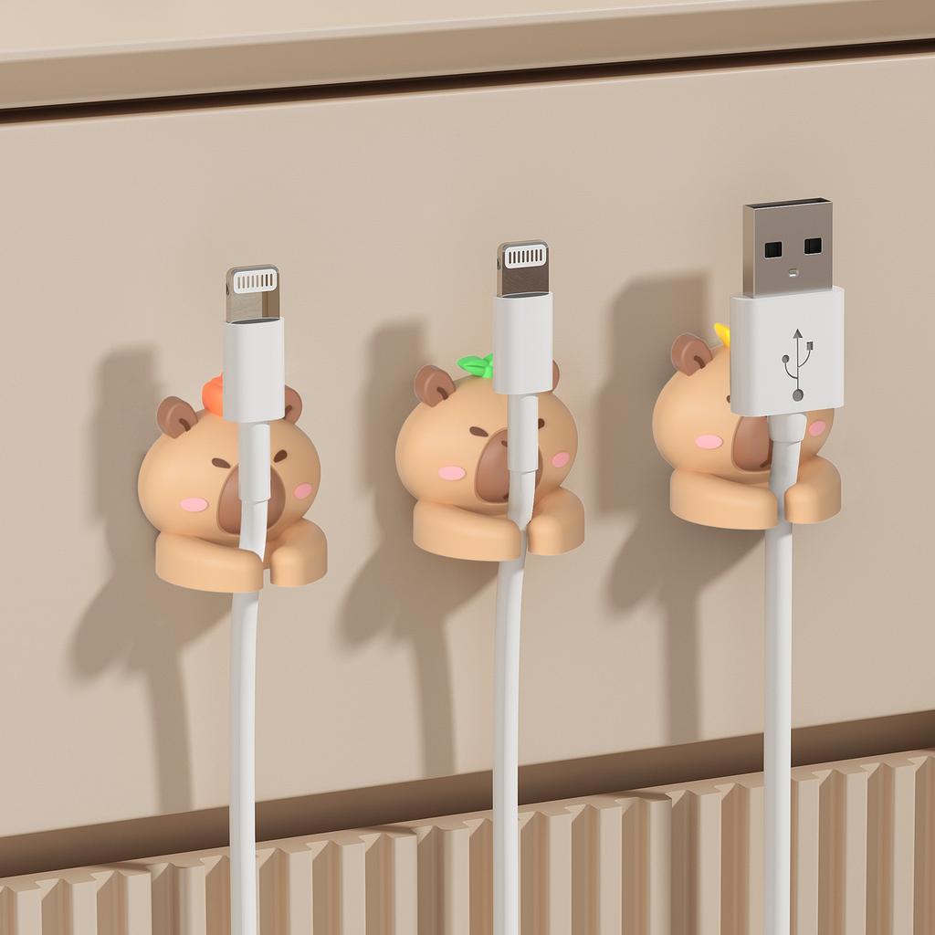 WORTHBUY 2/3pcs Cute Capybara Cable Managers Self-Adhesive Mobile Phone Data Cable Winder Fixer Clip USB Cable Organizer Holder