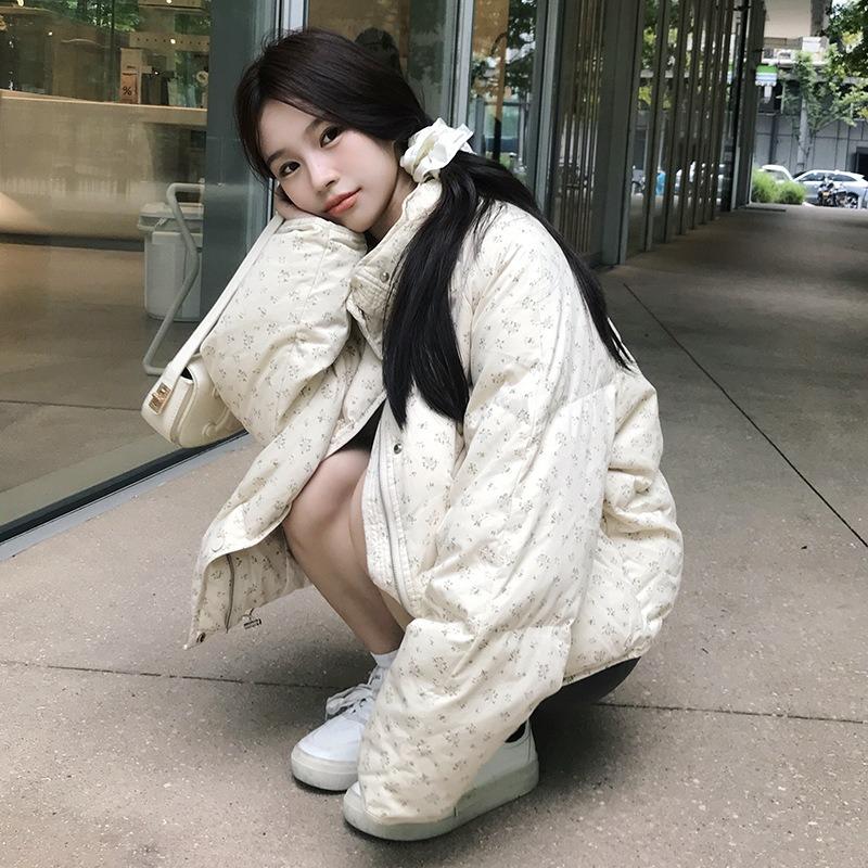 Small floral stand-up collar short down cotton-padded jacket new small bread jacket women's winter cotton-padded jacket