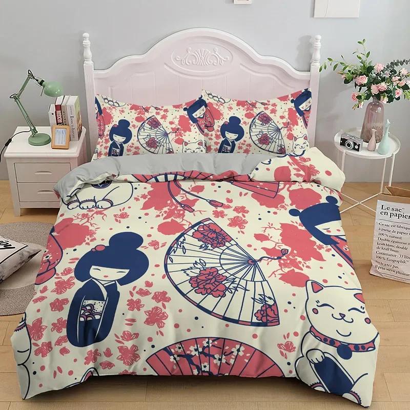 Japanese Dolls Duvet Cover Cute Lucky Cat Bedding Set Microfiber Fan Kokeshi Comforter Cover King For Boys Girls Bedroom Decor