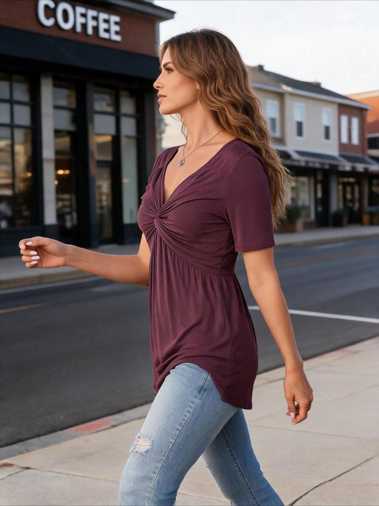 Women's V Neck Knot Front Blouse Short Sleeve Oversized Solid Summer Tunic T-Shirt
