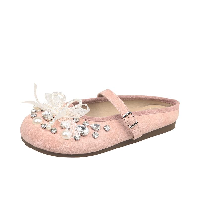 

Women s Round Head Shallow Mouth Crystal Pearl Butterfly Knot Cow Suede Metal Buckle Soft Soled Non-slip Shoes 35