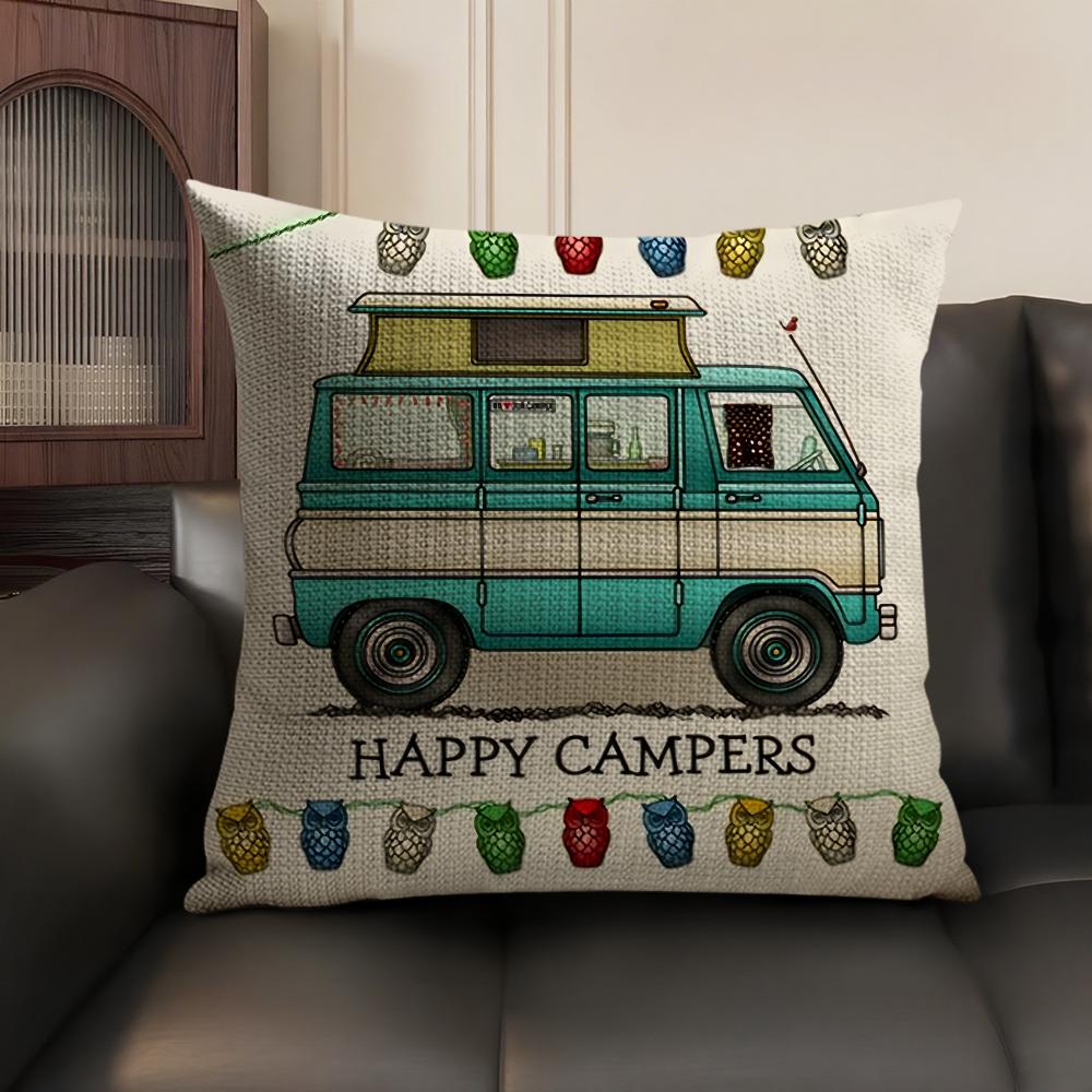 Happy Camping RV Camper Car Cushion Cover Natural Linen Organic Fabric DoubleSided Printing Sofa Home Decor Gift Pillow Case