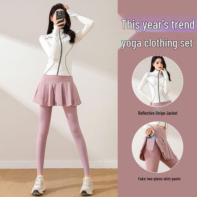 Women's Autumn Sportswear Set: Luminous Jacket, Skirt, Pants for Badminton, Tennis, Running, Yoga, Pilates, and Fitness.