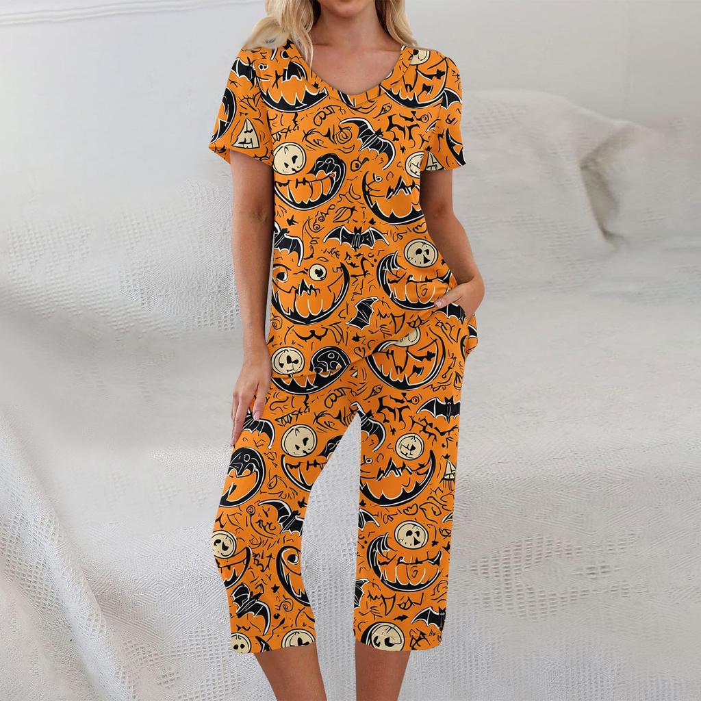 Conjuntos de 2 piezas para mujer Top de manga corta y pantalones con bolsillos Conjuntos suaves de entrenamiento con estampado de Halloween