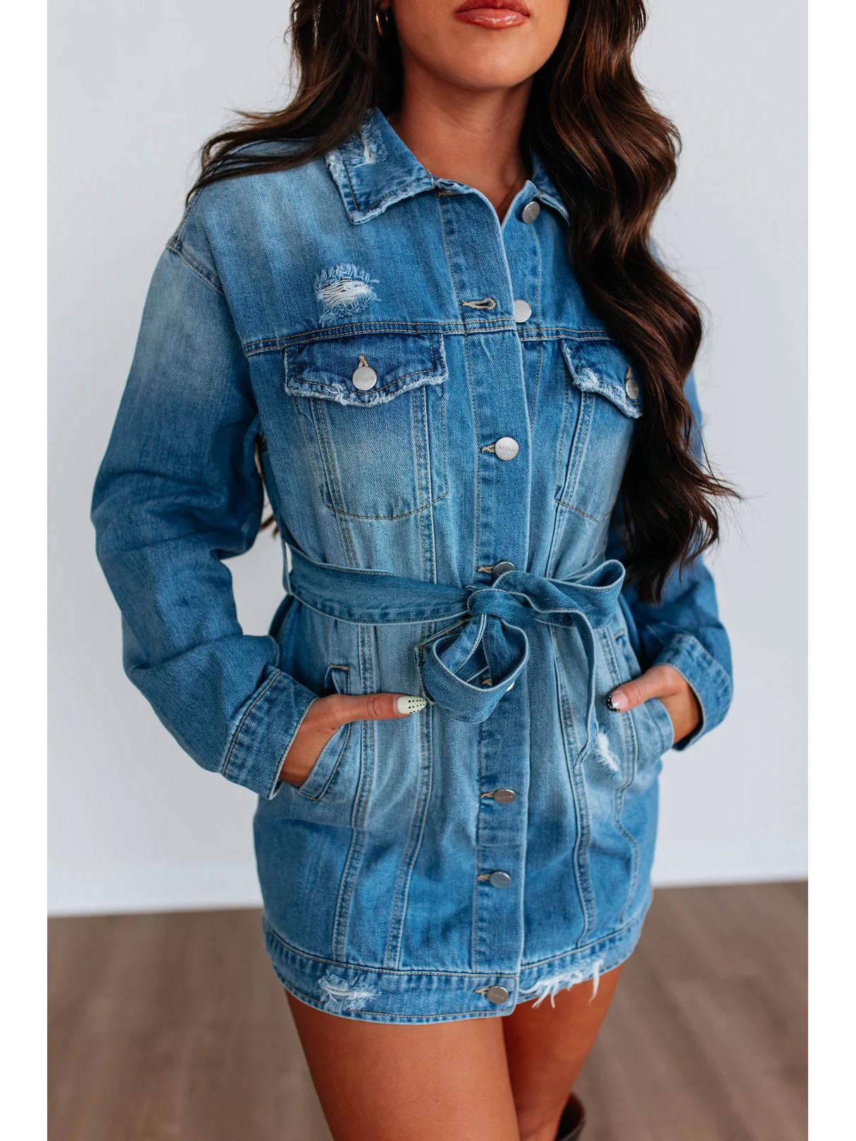 

Women s Retro Street Style Loose Ripped Copper Denim Jacket - Spring Collection Small синій
