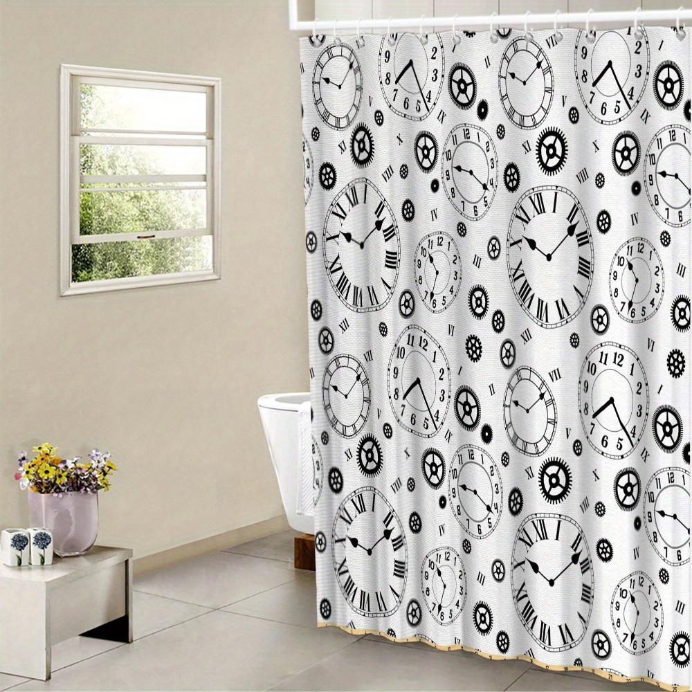 

Vintage Clock Faces Shower Curtain - Monochrome Roman Numerals & Black Cogwheels, Steampunk Mechanical Aesthetic, Polyester W60H190(CM)-1 Pcs