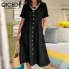 QICED Women Summer Casual Cotton V-Neck Short Sleeve Button Dress