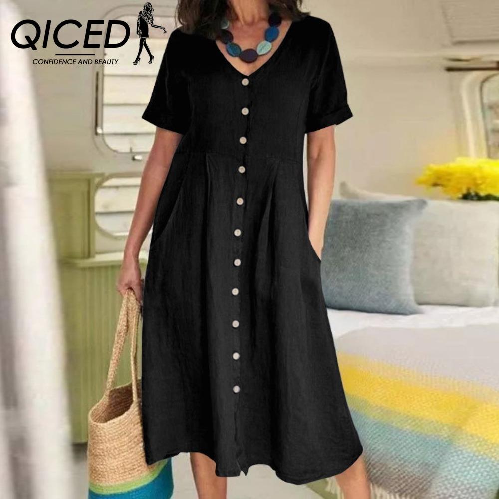 QICED Women Summer Casual Cotton V-Neck Short Sleeve Button Dress