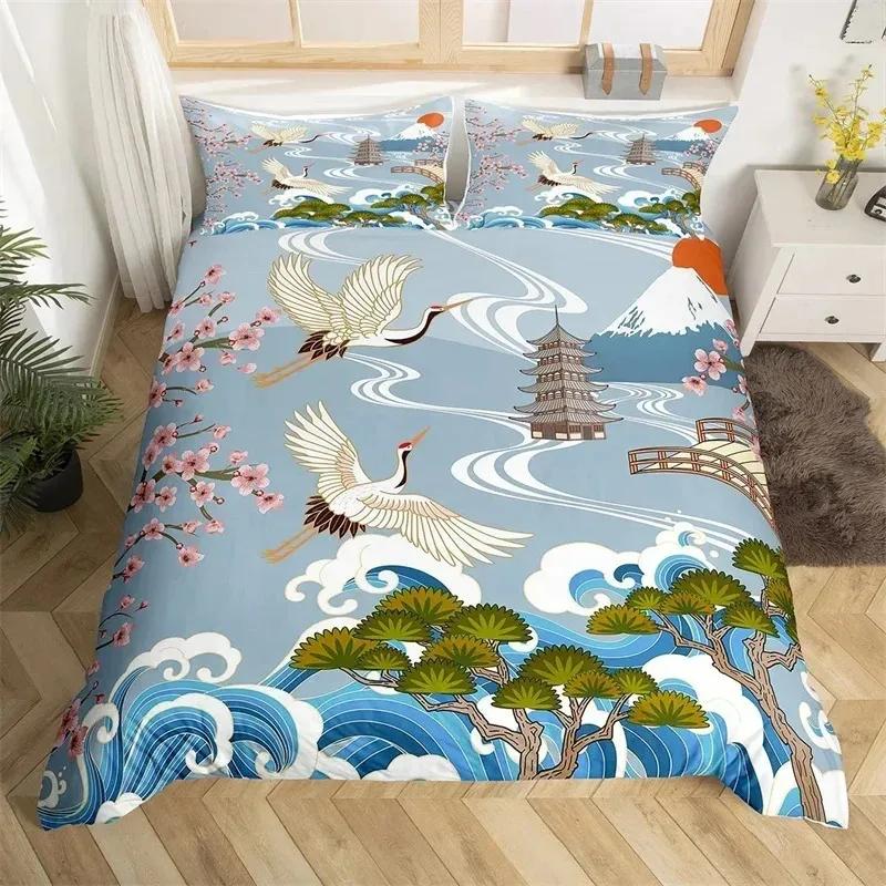Japanese Ukiyoe Bedding Set White Fox Blossoms Floral Duvet Cover Polyester Galaxy Exotic Animal Comforter Cover Twin Queen Size