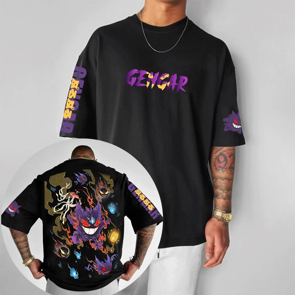T-shirt Stampata Gengar Derivati Animazione Pokémon Uomo e Donna Estate 2025 Oversize Larga Cotone Street Trend Marca Top