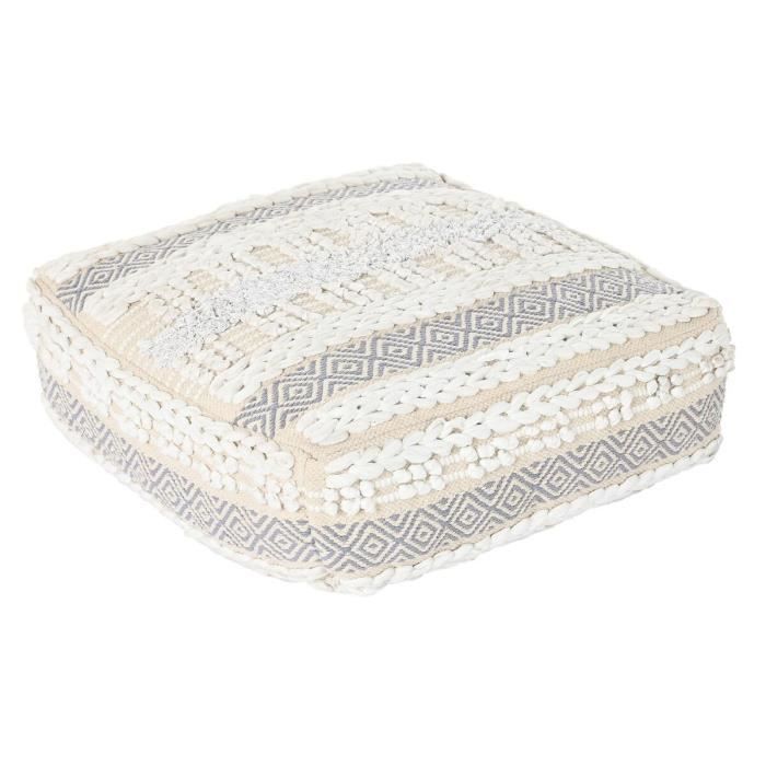 Coussin De Sol - Boho - 60 X 60 X 25 Cm - Polyester - Coton - Gris Et Blanc