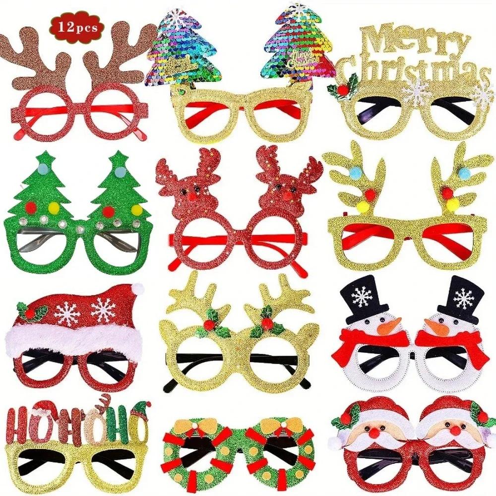 12pcs Christmas Glasses Santa Claus Xmas Tree Elk Paper Glasses Frame Photo Prop Christmas Decorations Navidad Kid Gifts