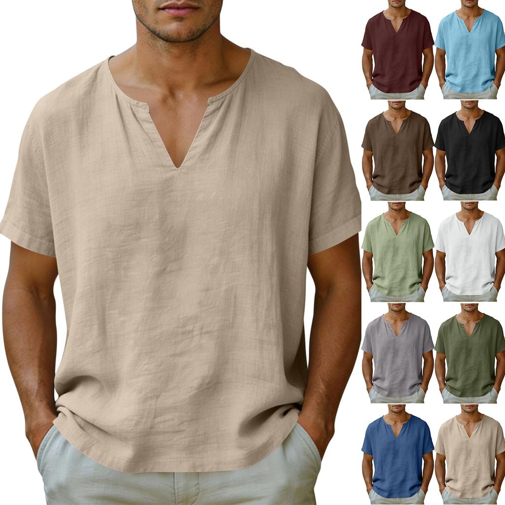 Men’s Short Sleeve V Neck Casual Loose Fit Linen T Shirt Lightweight Breathable Summer Basic Top for Daily Wear