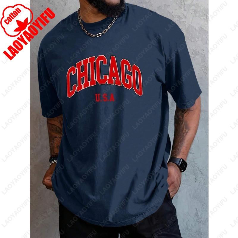 Mens Cotton Chicago Bold Letter Graphic TShirt Summer 2025 Streetwear Casual Loose Fit Unisex Round Neck Printed Tshirt Tops