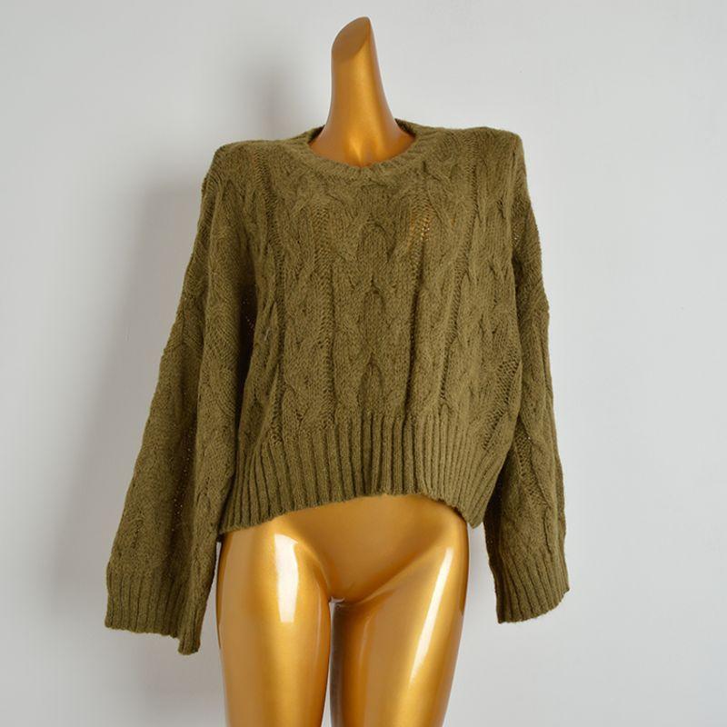 

Fall and Winter New Arrival Pure Color Retro Crew Neck Pullover Cable Stitch Long Sleeves Knitwear Loose Female Slim Looking Thick Needle Sweater Top Army Green One size(Loose version)