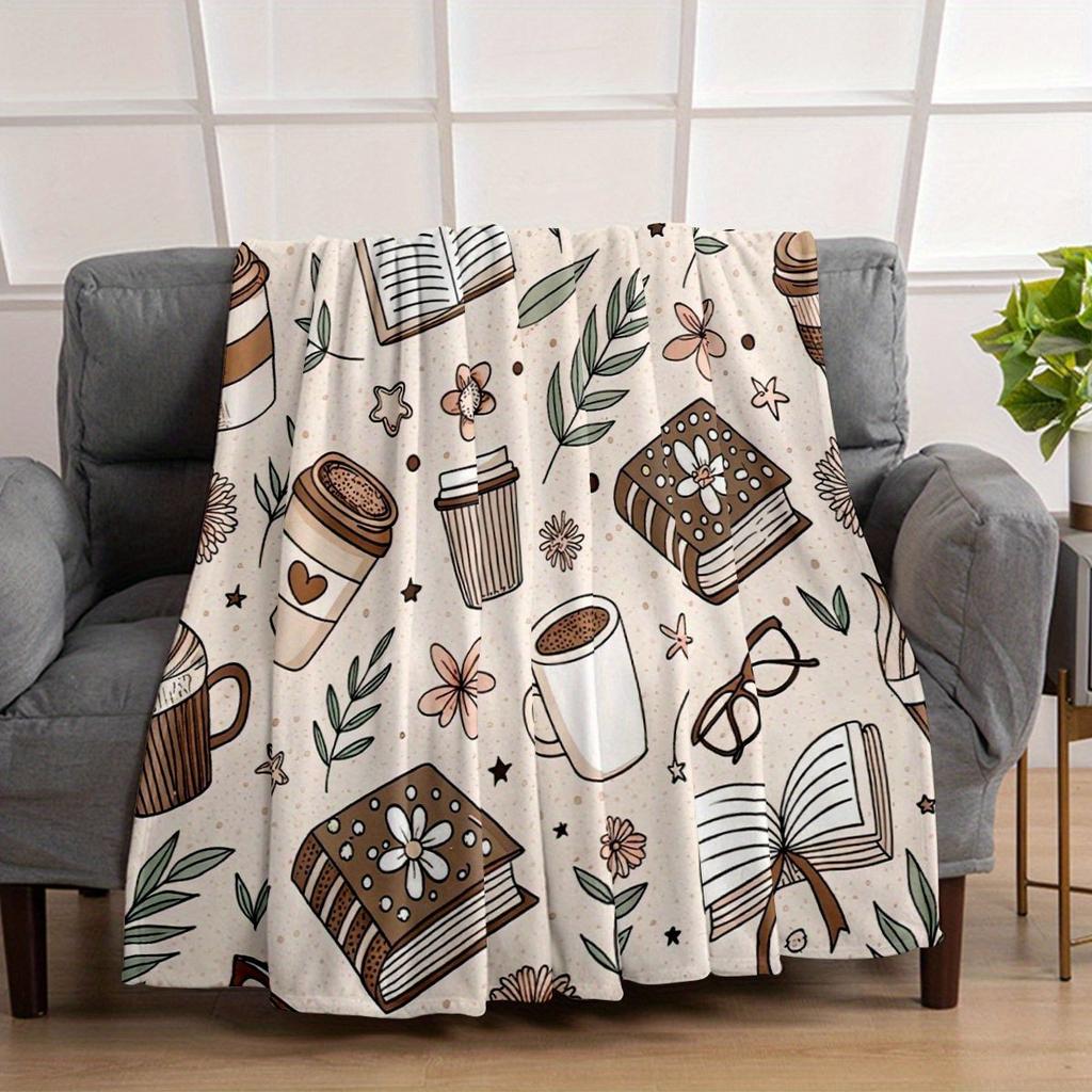 A Cozy Fleece Blanket Featuring a Book Theme Design with Soft Bedding, Perfect for Decorating a Modern Reading Nook Year-Round