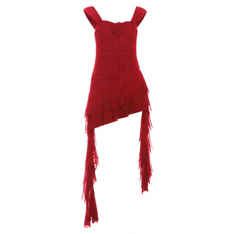 

# Sisjuly# Summer Warm Red Rose Decoration Pure Desire Sling Dress Female Asymmetrical Tassel Skirt Red L