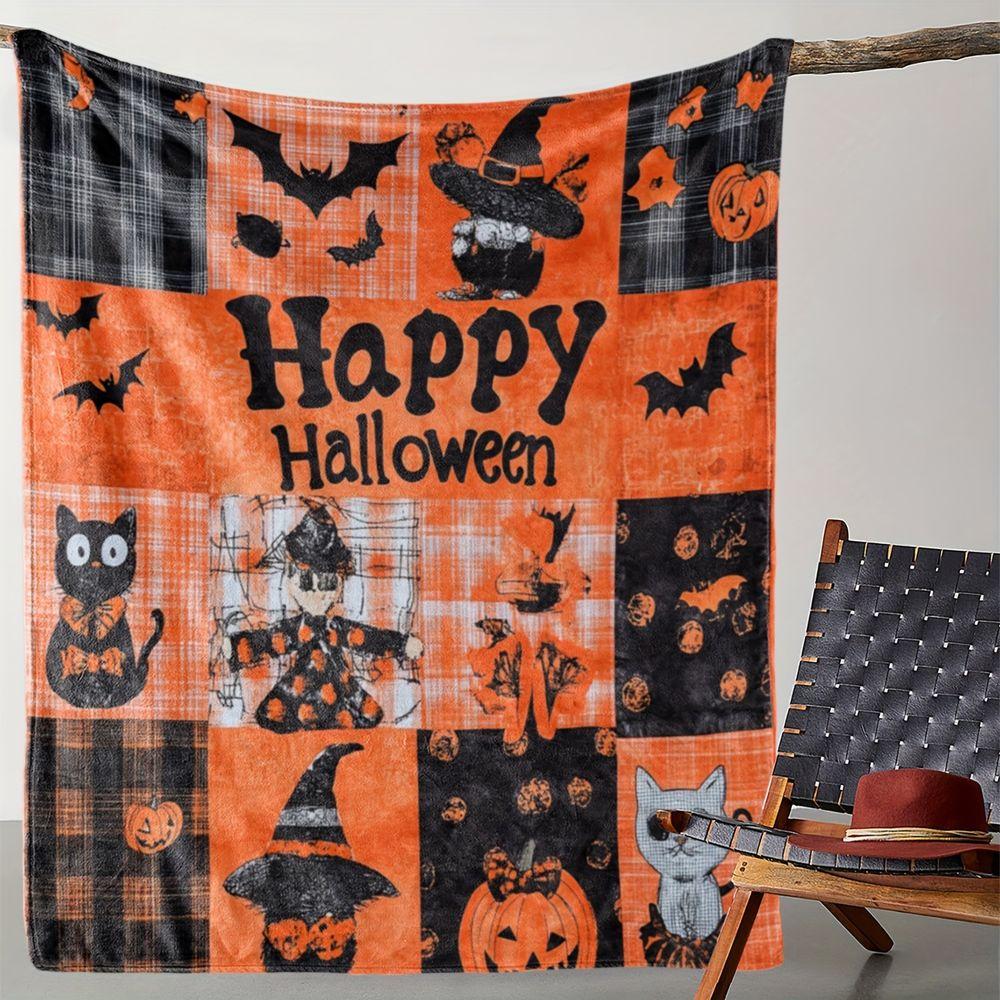 Vintage Pumpkin Bat Print Flannel Throw Blanket Soft Cozy Fleece Bed Sofa Cover, Decorative Autumn Holiday Theme Home Decor Gift for All Seasons
