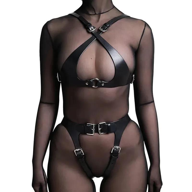 Sexy Kožený Postroj na celé tělo Bdsm Bondage Lingerie Podvazkový pás Kožená Lingerie Goth Fetišové oblečení Festival Rave Outfit
