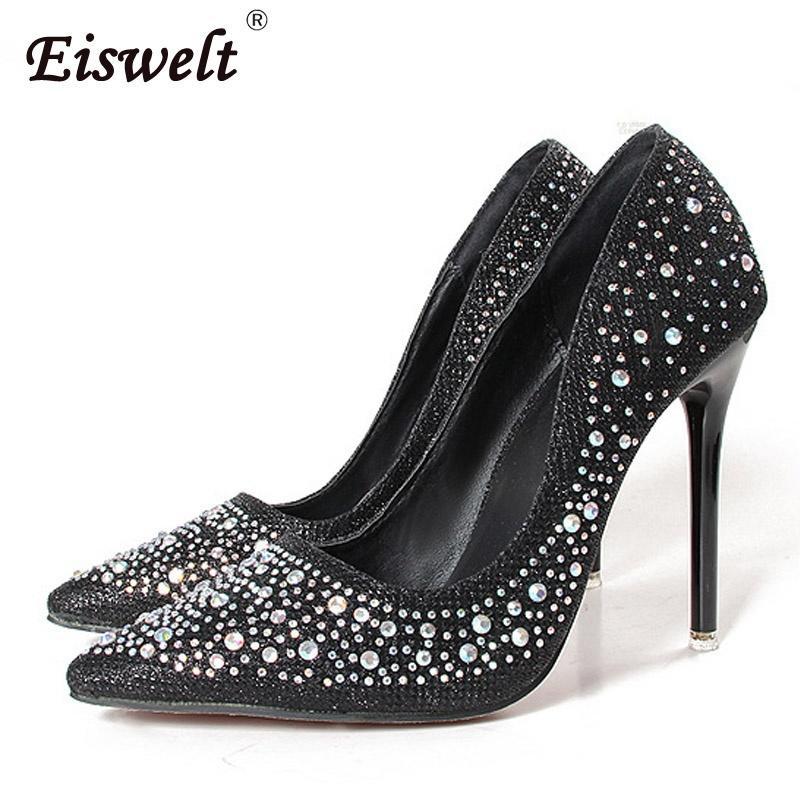 Scarpe Sexy con Tacco Alto Nero Oro Lusso Strass Matrimonio Festa Donna Eleganti Pumps