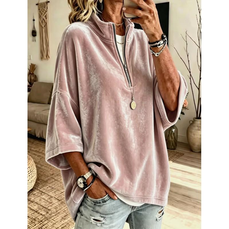 Womens Relaxed Half-Zip Fleece Pullover Sweatshirt 7/8 Sleeve Solid Color Casual Top