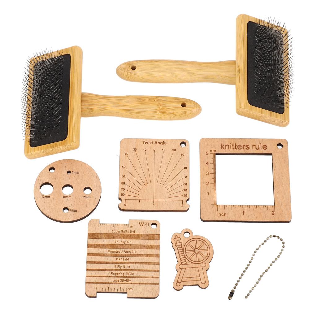 8PCS Set Wooden Knitting Gauge Wool Brush Set Wool Felting Brush and Knitting Measure Tool Kit