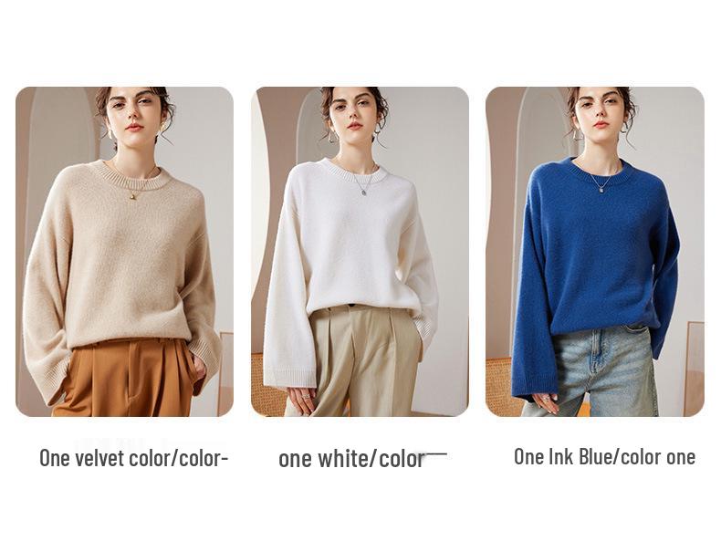 Women's Fashion Thickened Pure Cashmere Round Neck Sweater - Autumn/Winter Loose Fit Base Layer