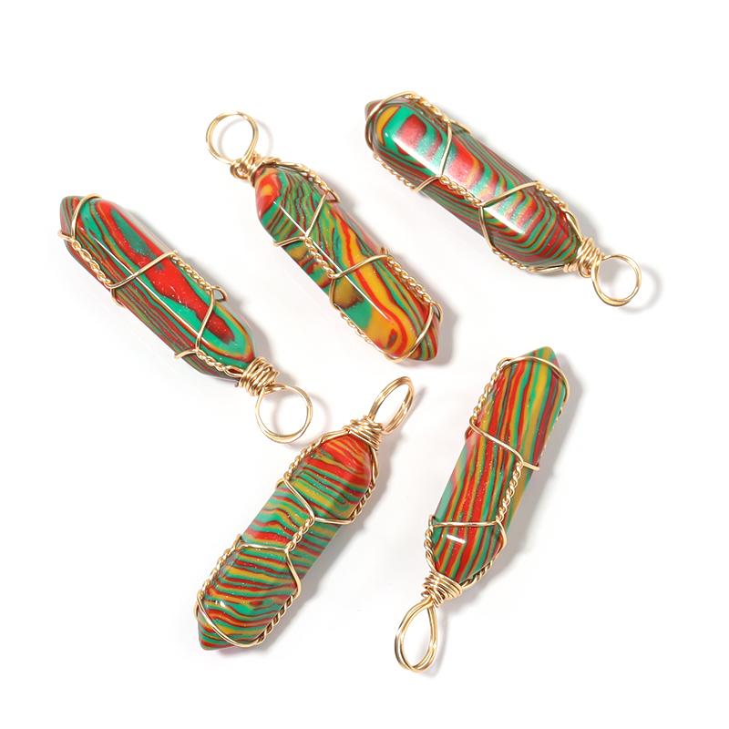 1 Pc Natural Stone Charms 40mm Color Bullet Shaped Handmade Gold Wire Pendants for DIY Necklace Gifts Jewelry Making Accessories