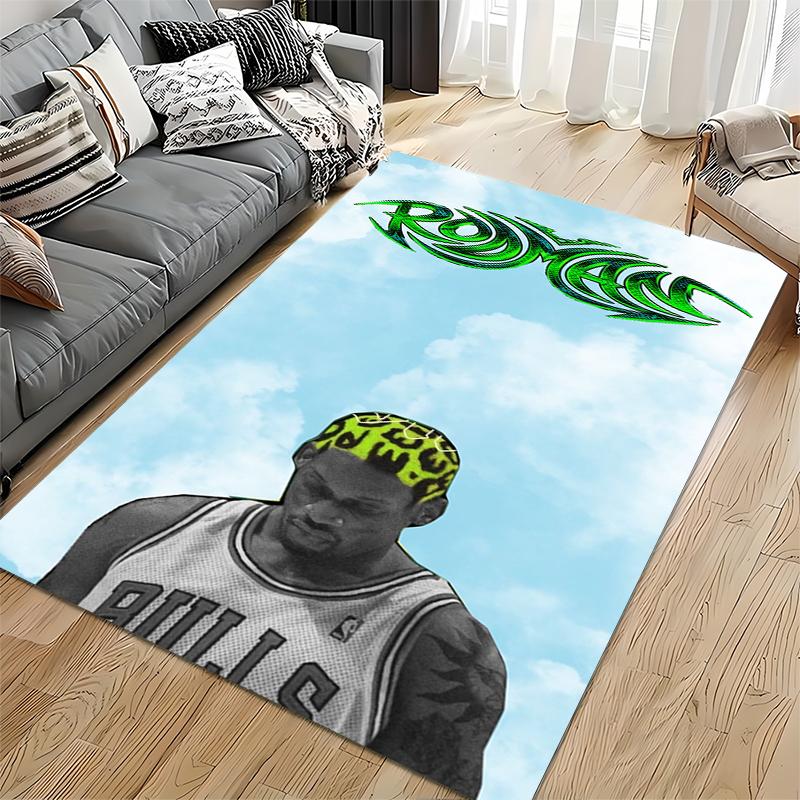 Sports Area Rug, Dennis Rodman Bulls 91 Green Tribal Typography Sky Poster, Fan Cave Decor, Non-Slip Mat
