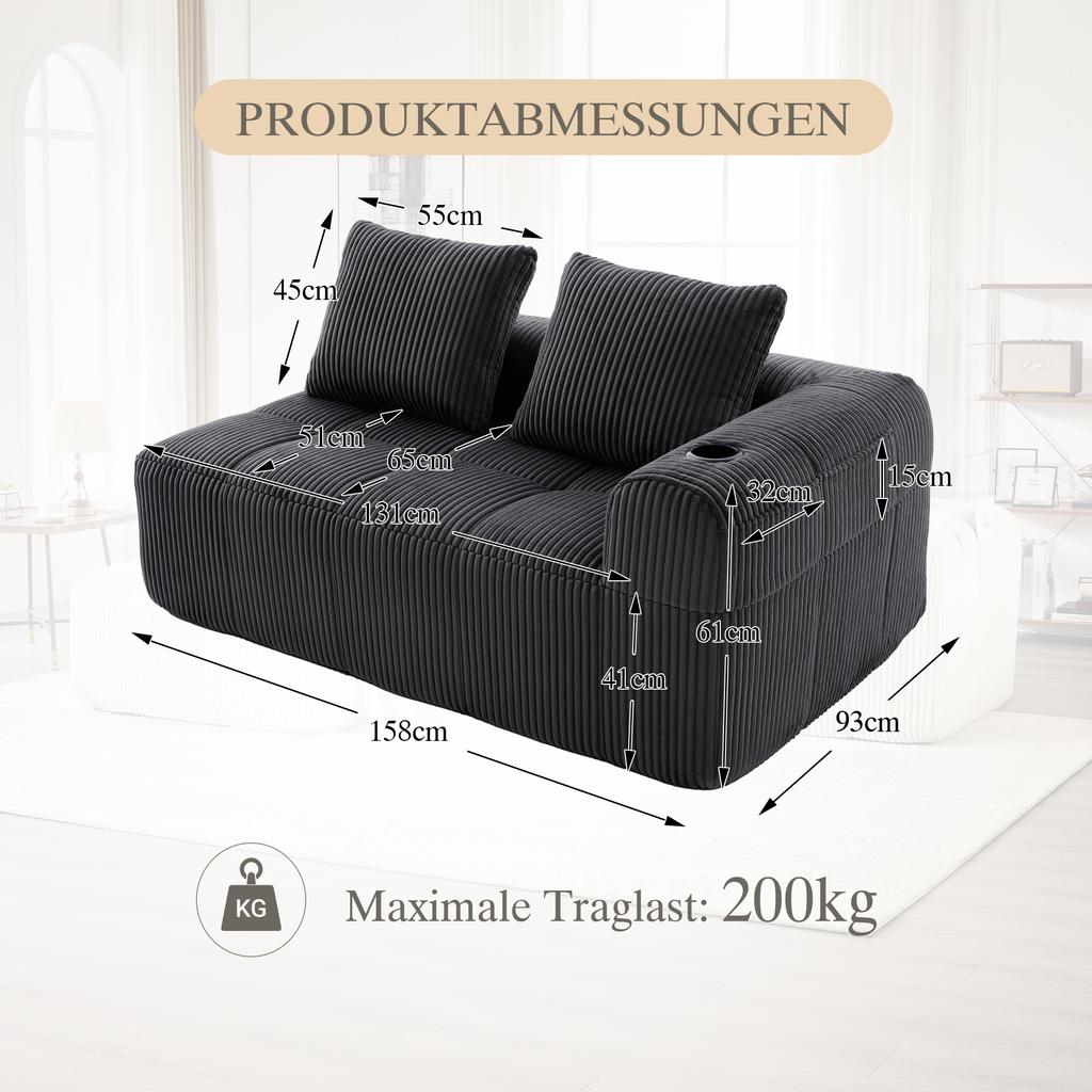 Cozy Corduroy Two-Seater Sofa – No Assembly, Soft Back Cushions, Side Storage Pocket for Remote Control and Phone, Cup Holder – Neat and Aesthetic.
