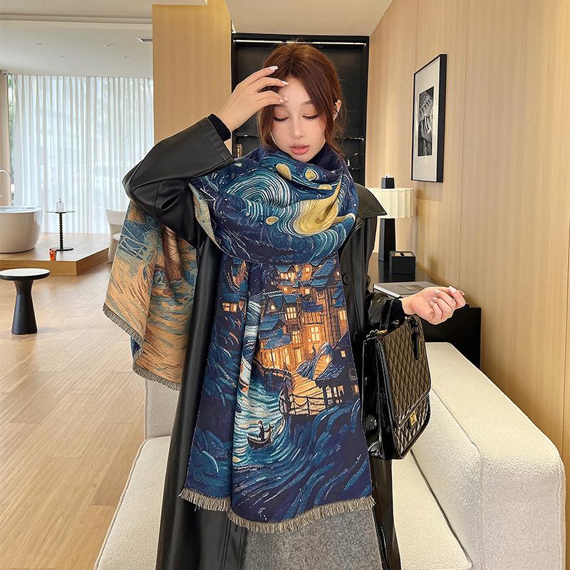 Niche Design Starry Sky Imitation Cashmere Scarf for Women Autumn and Winter New Oil Painting All Match Scarf Warm Thickened Shawl