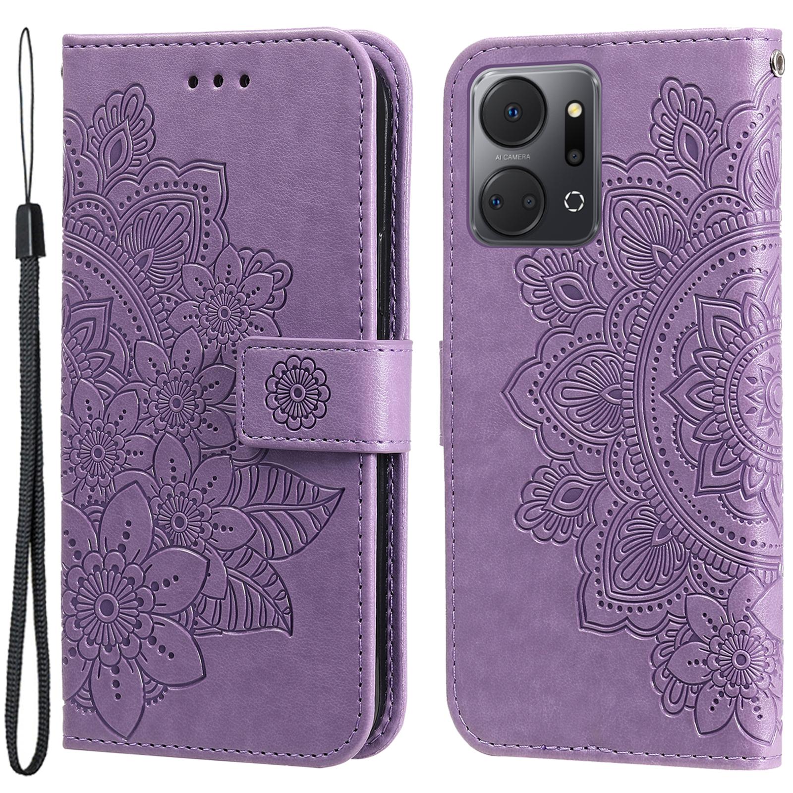 

For Honor X7a 5G Anti-Fading Case Floral Pattern PU Leather Wallet Stand Phone Cover Purple