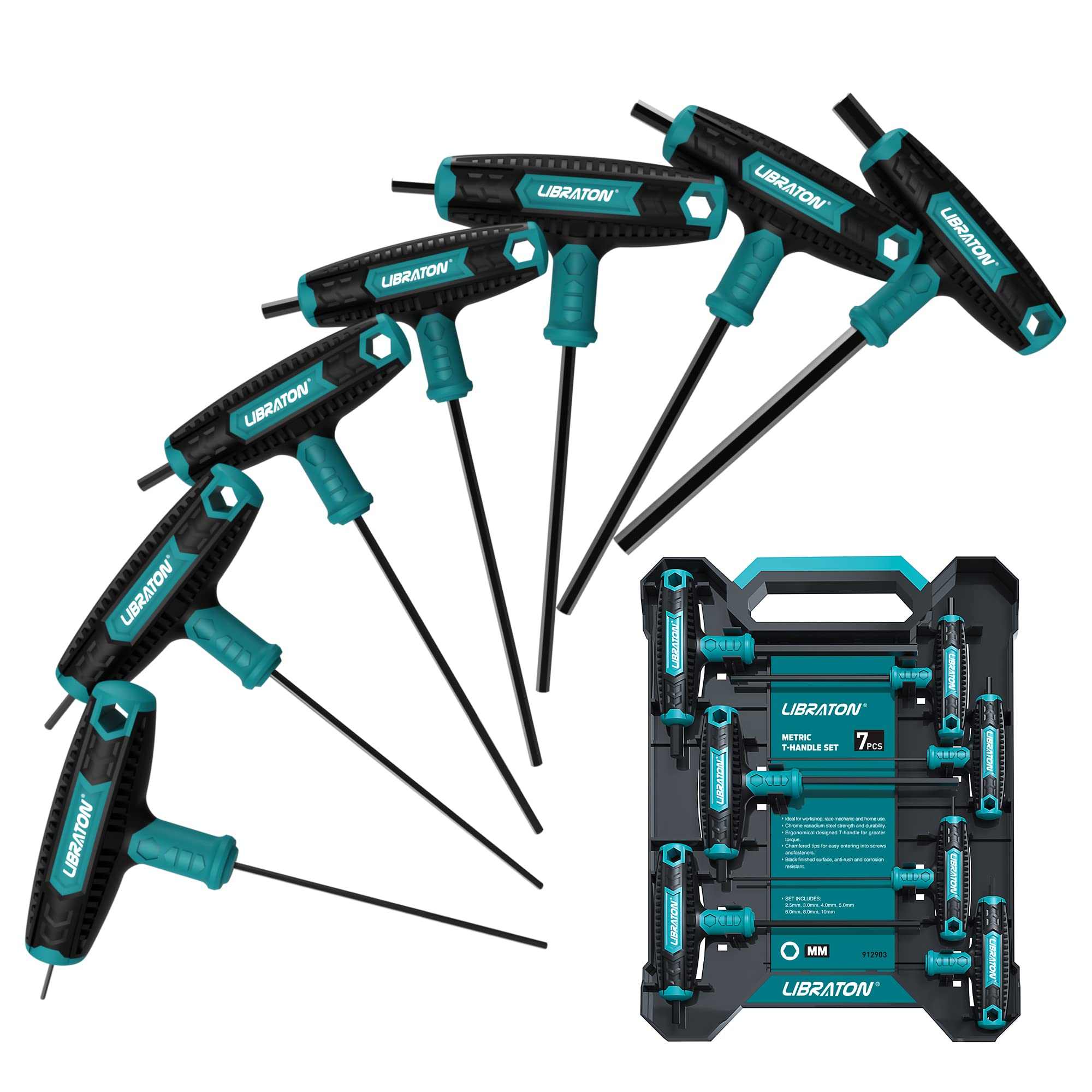 

LIBRATON Hex Wrench Set with Handle Hex Car Motorcycle Repair with Storage Tray T-Type Set, 7-Piece Keys, 2.5mm-10mm, & Tools, синий