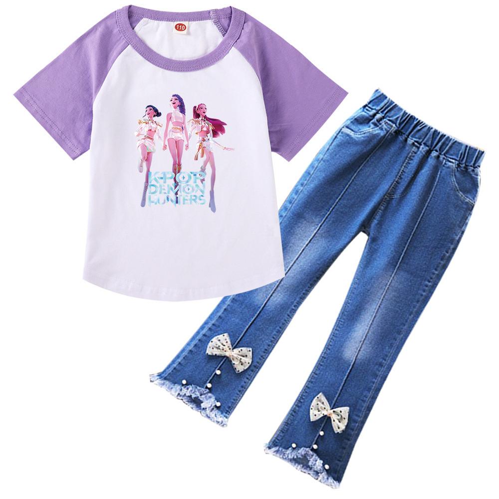 

Дети Девочки Аниме Мультфильм K-Pop: Футболка с короткими рукавами и принтом «Охотники на демонов», повседневный комплект одежды из джинсов и брюк 100Cm фиолетовый
