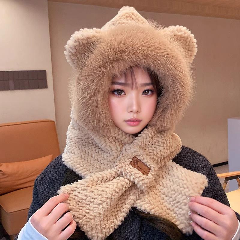 Cute Bear Hat Gloves Three In One Scarf Plush Hat for Women In Winter Riding Easy Outdoor High End Warm Hat