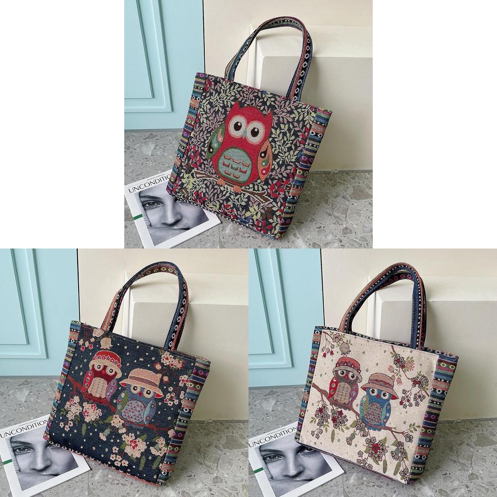Canvas Embroidered Owl Tote Bag With Zipper Closure For Daily Use