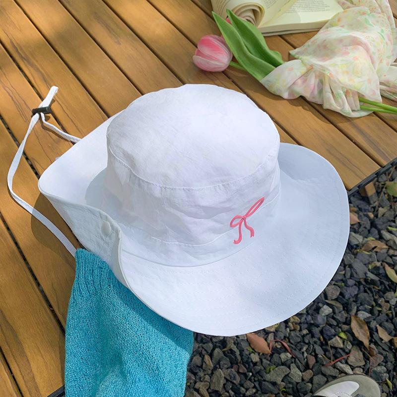 

Korean Bow Embroidery Bucket Hat for Women Summer Quick Dry Hiking Camping Panama Caps Wide Brim Fordable Sunscreen Basin Hats білий