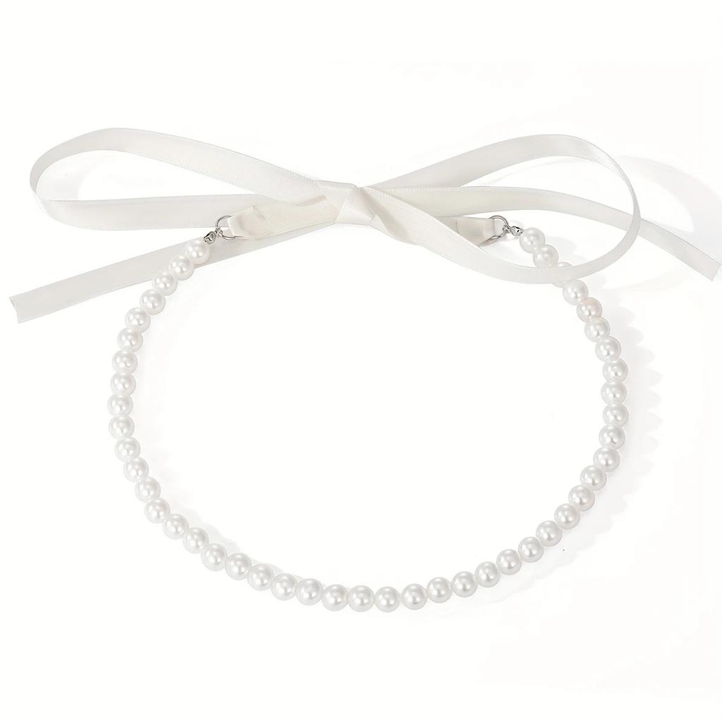 Vintage Naszyjnik z długim kokardą, łańcuszek wstążkowy na obojczyk, sznurowany aksamitny naszyjnik ze sztuczną perłą