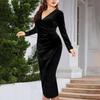 Moda Damska Plus Size Aksamitna Sukienka Etui Seksowna Jednolity Kolor Plisowana Dekolt V Długi Rękaw