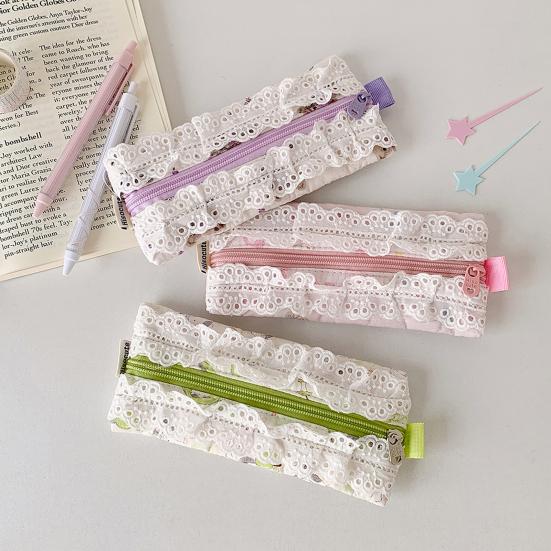 Lace Trim Pencil Case Smooth Zipper Makeup Stationery Storage Bag Cute Pen Organizer for School Office