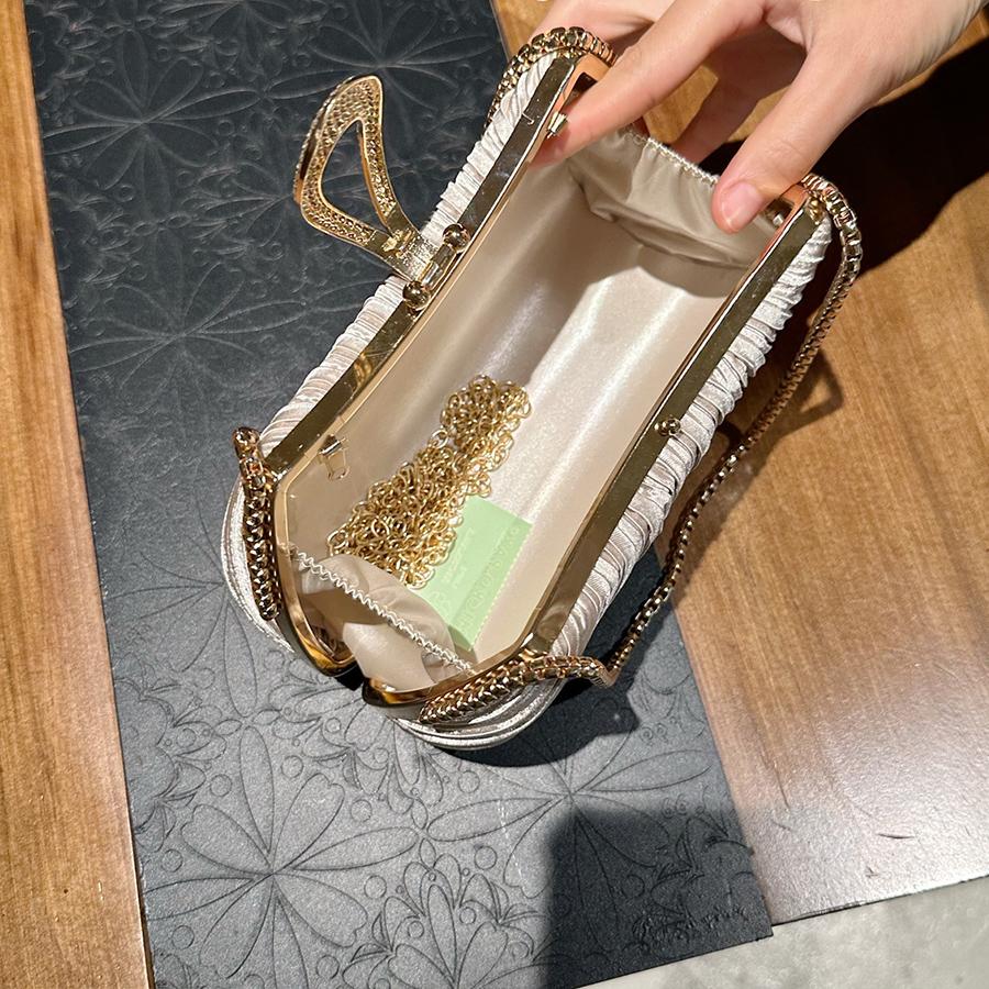 Women's Elegant Satin Evening Bag Pleated Clutch Wedding Purse Chains Party Prom Handbags with Rhinestes for Wedding, Bride