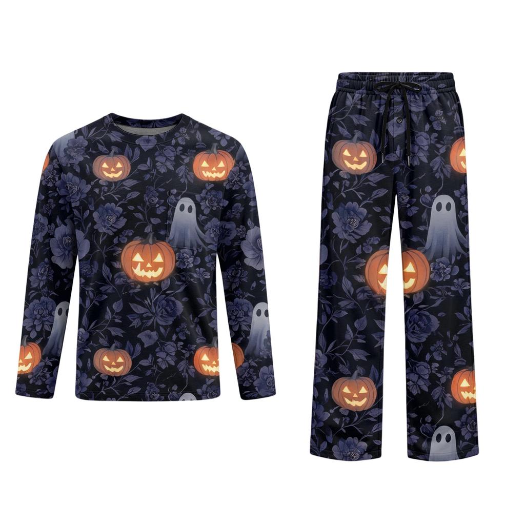 Men's Halloween Pajama Set Long Sleeve Long Pants with Crotch Buttons and Elastic Drawstring Waist