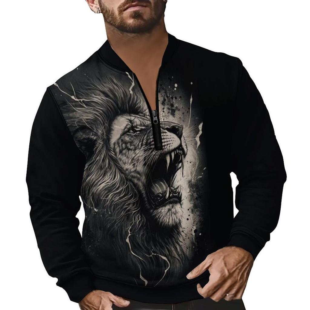 Retro High Street Half-Zip Pullover Stand Collar Oversized Casual Printed Men's Sweatshirt