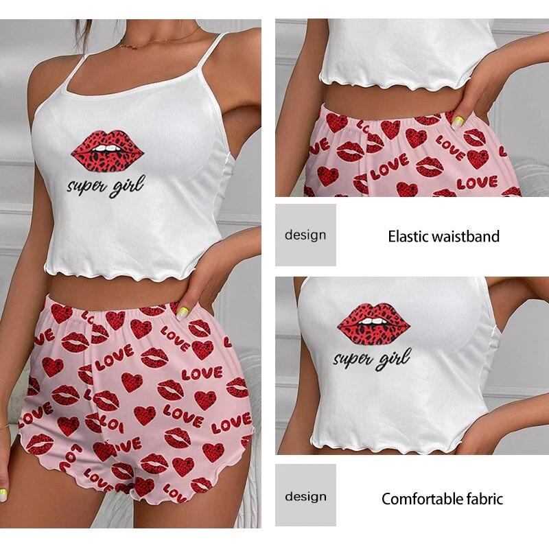Women's Two-Piece Printed Pajama Set Women's Round Neck Suspender Top and Elastic Waist Printed Shorts Casual Pajama Set
