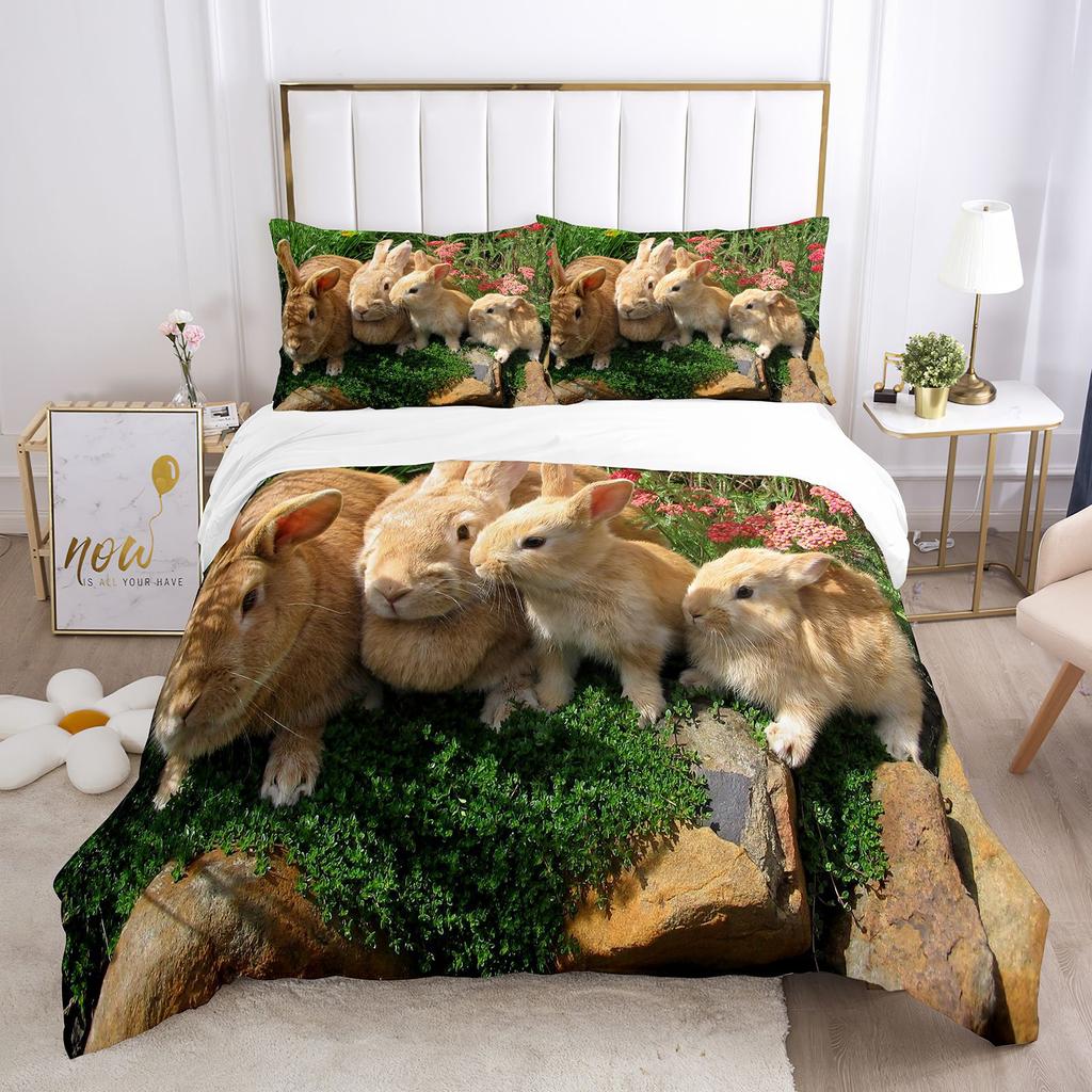 3D Kaninchen Bettbezug Set Liebliches Kleines Kaninchen Grüne Wiese Dekor Bettwäsche für Kinder Mädchen Geschenk Tier Thema Schlafzimmer Dekoration