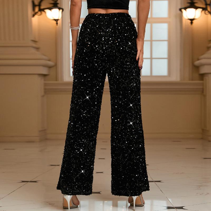Black Navy Blue Velvet Sequin High-Waist Wide-Leg Party Pants